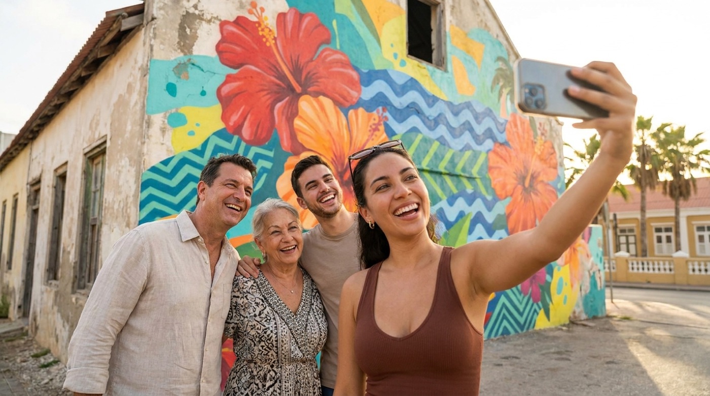 Family taking a photo in front of a colorful San Nicolas mural