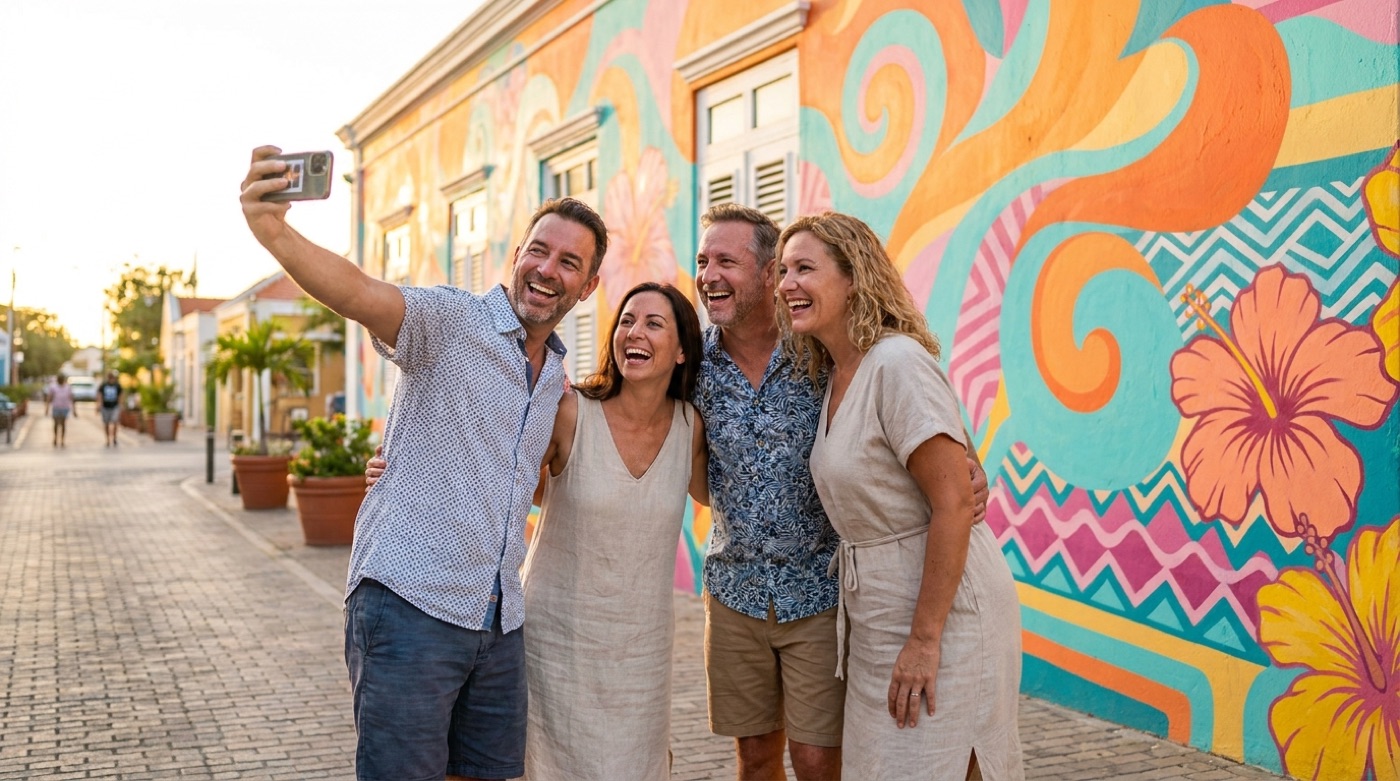 Group of friends taking a selfie in front of a colorful San Nicolas mural during a quest