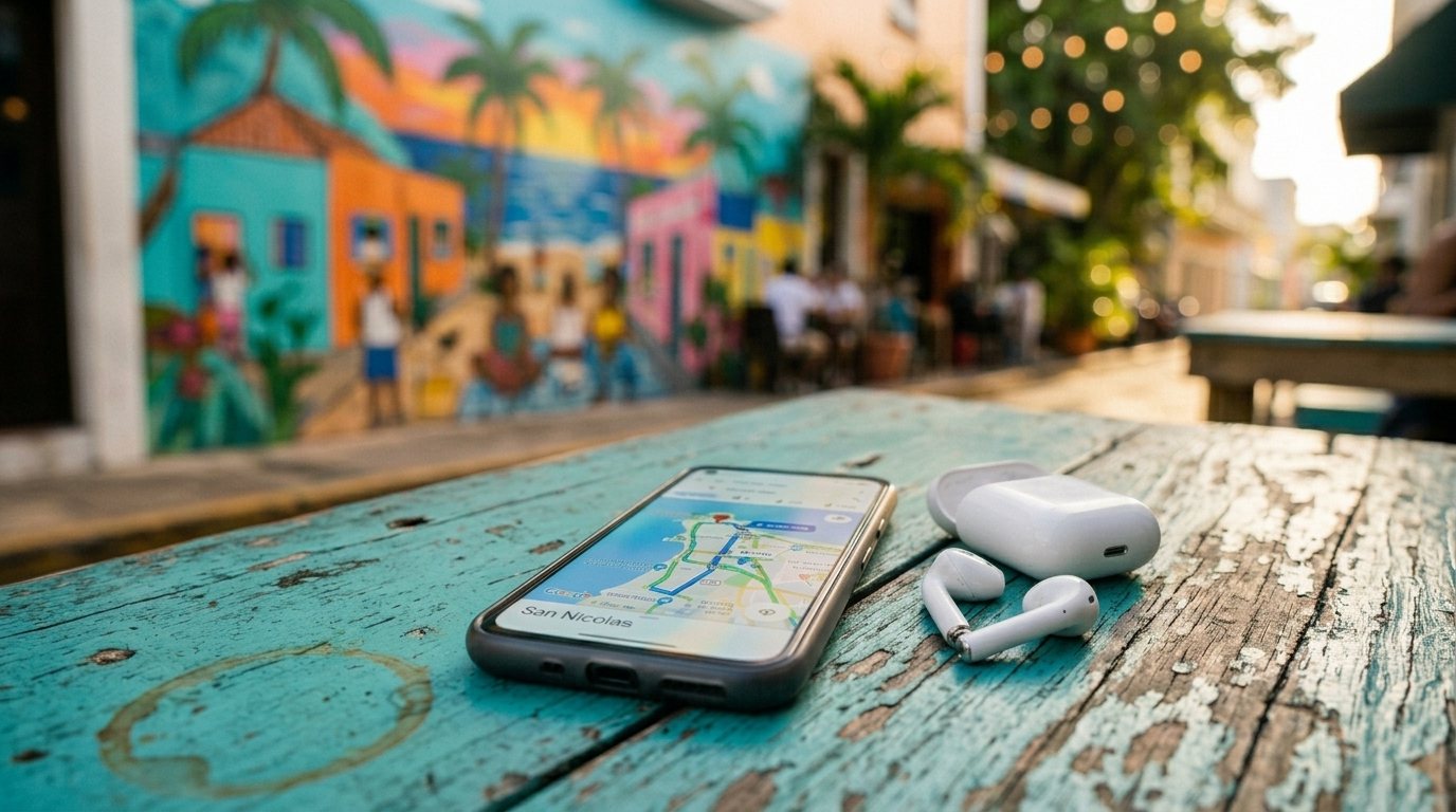 Earbuds and a phone with a San Nicolas route map on a cafe table in Aruba