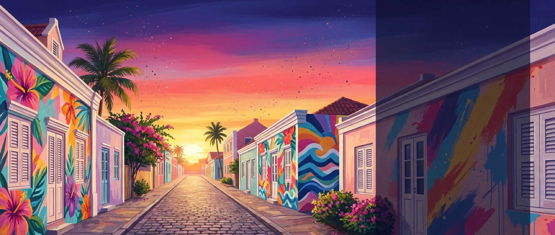 Colorful Aruba street at sunrise