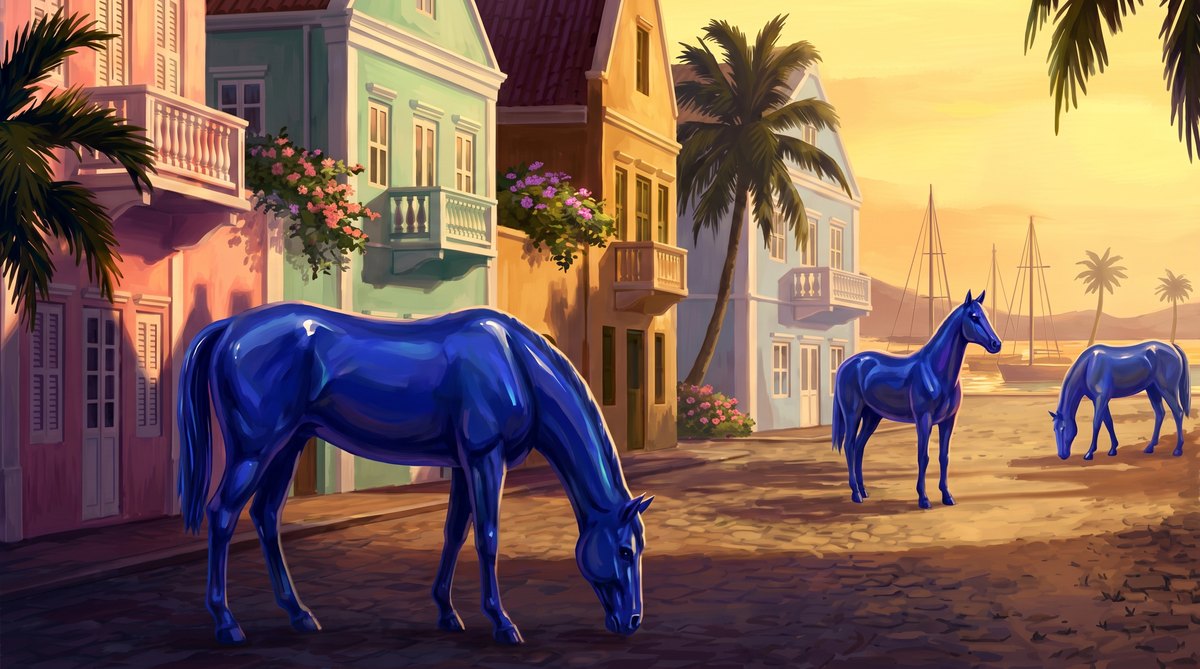 The Blue Horses of Oranjestad quest cover · blue horse sculptures in the capital's colonial streets at golden dusk