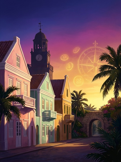 Aruba's Lost Gold quest cover — Oranjestad colonial architecture at golden dusk