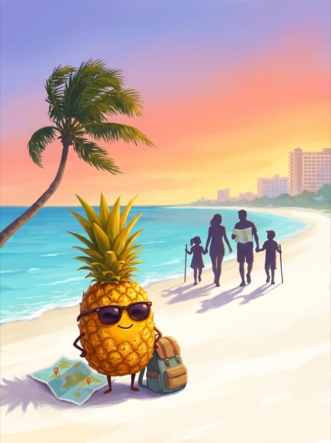 Mr. Pineapple's Treasure Hunt quest cover — Palm Beach with fofoti tree and pineapple mascot