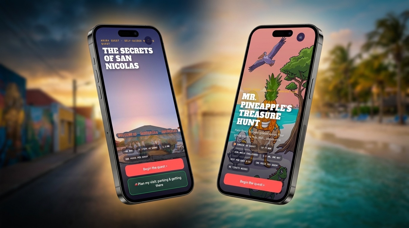 Two phones showing the Aruba Quest home screens: Mr. Pineapple's Treasure Hunt on Palm Beach and The Secrets of San Nicolas