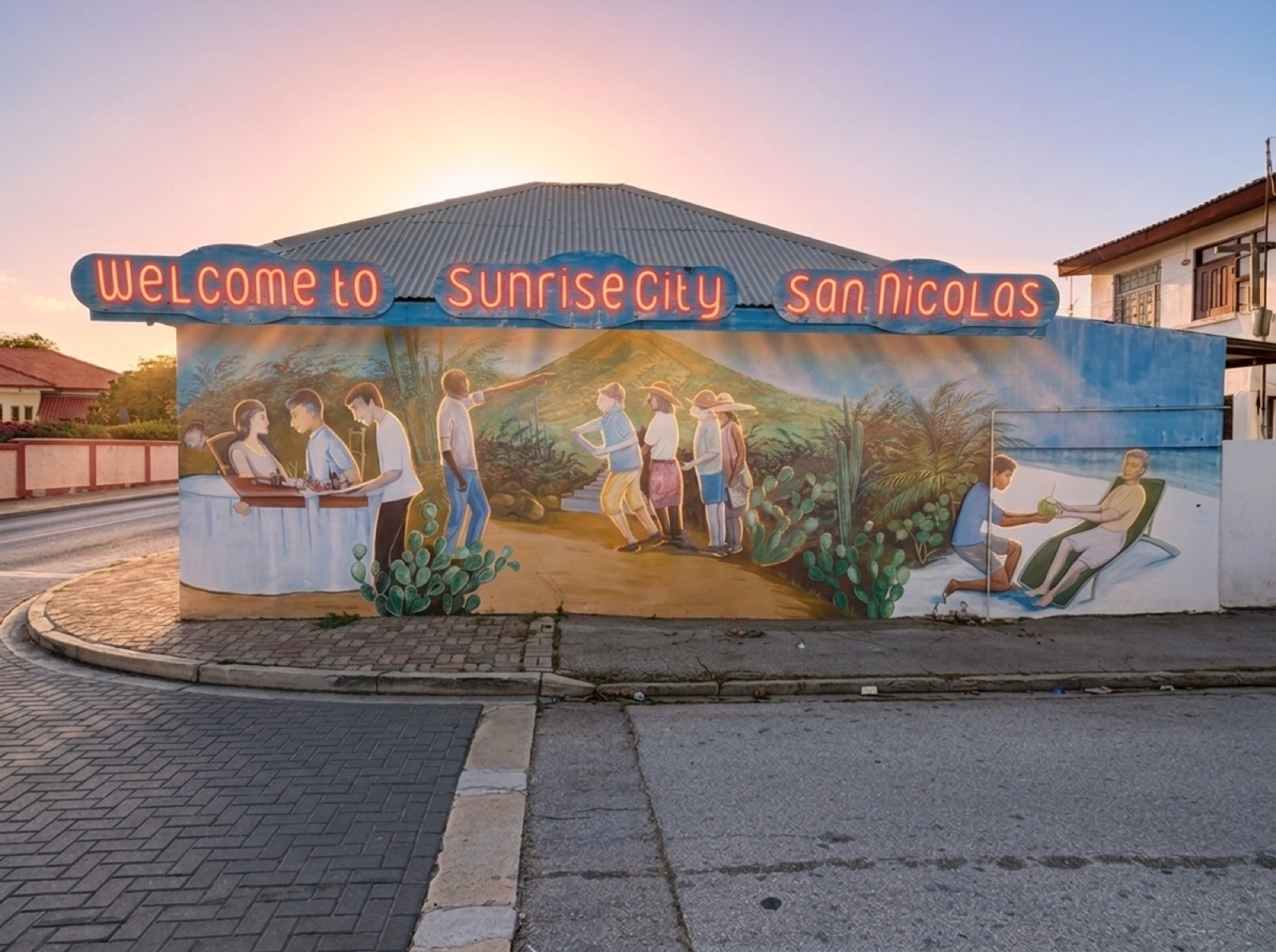 The Welcome to Sunrise City sign in San Nicolas, Aruba at golden hour